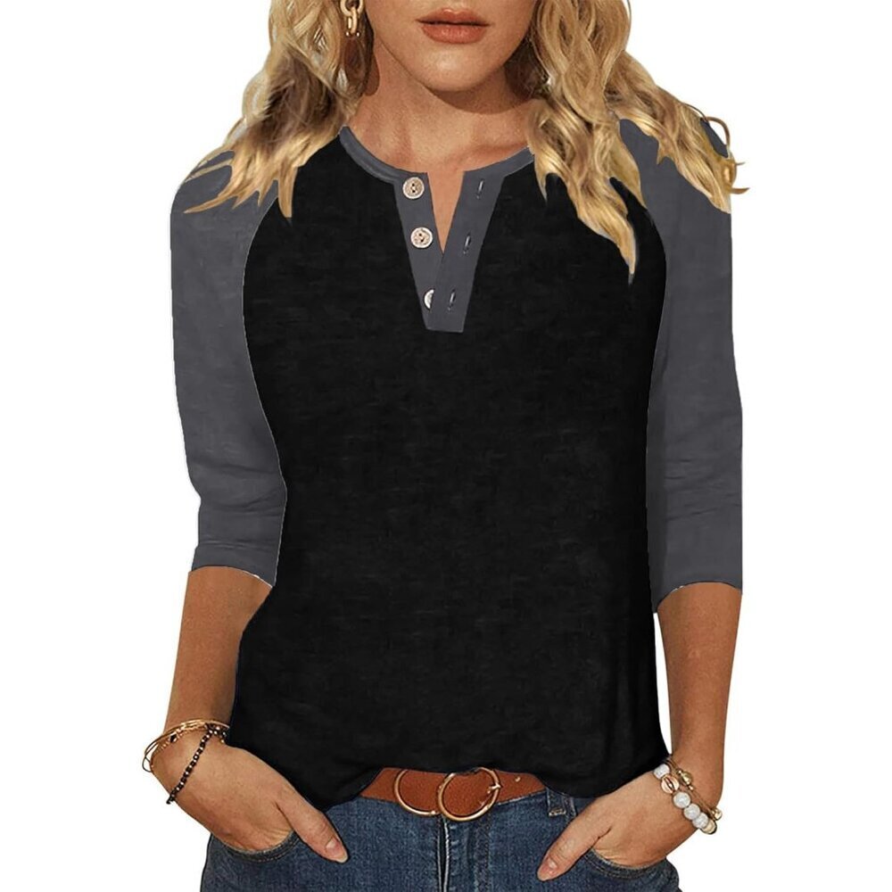 Women's Color Block Casual T Shirt 3/4 Sleeve V Neck Tunic Loose Fit